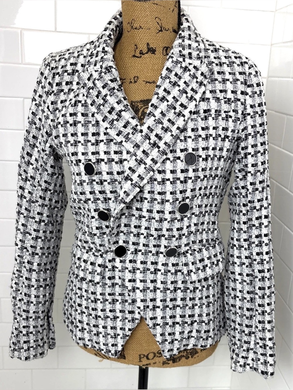 017 Rachel Zoe Black and White Tweed Double-Breasted Blazer Jacket